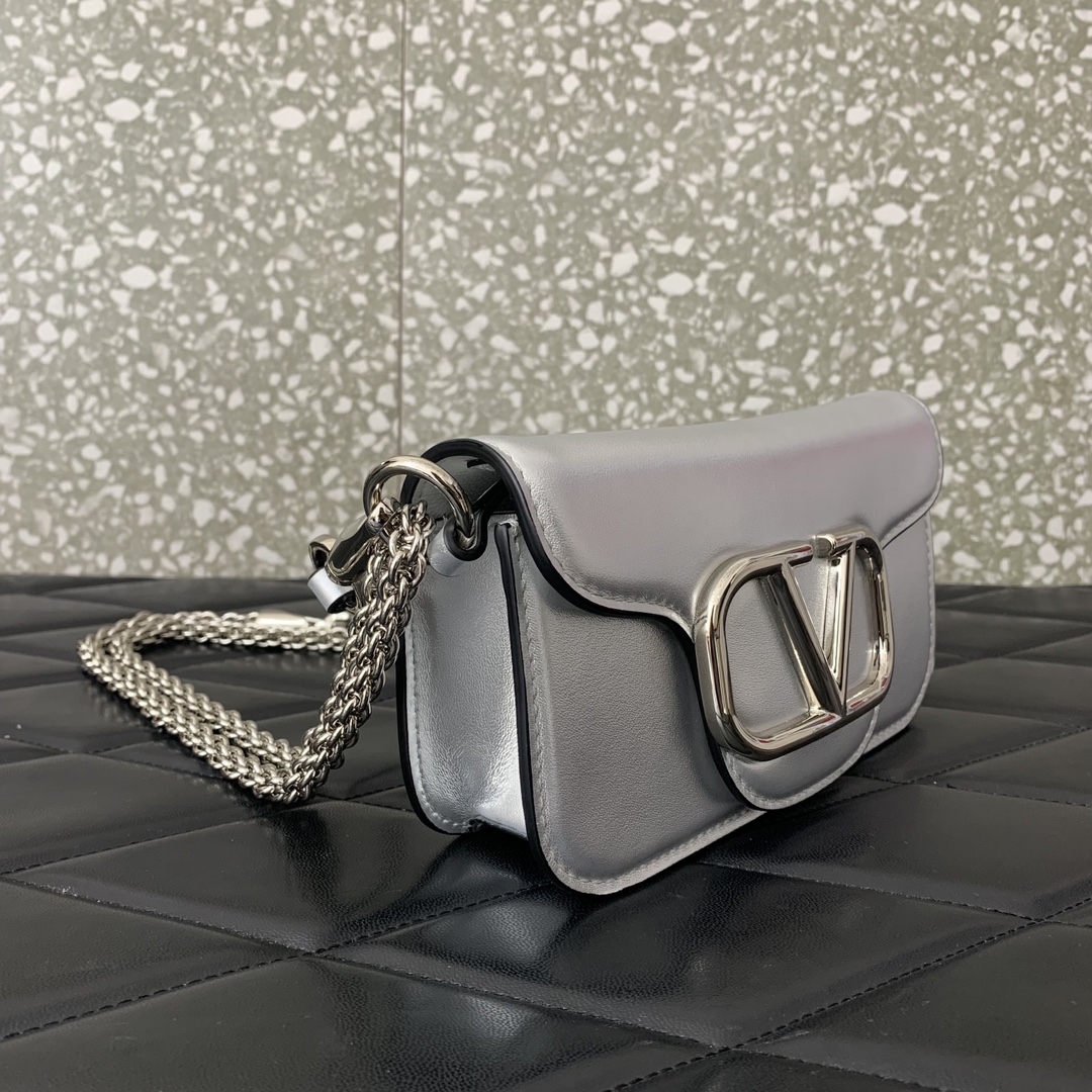 Valentino Garavani Loco Small Shoulder Bag in Silver Calfskin Leather 